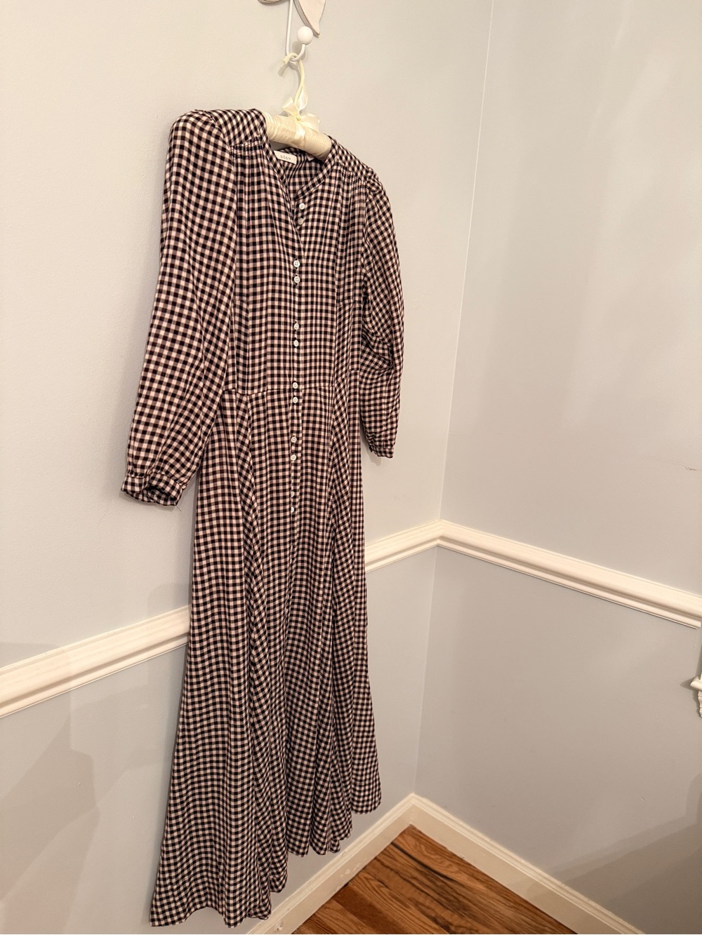 DÔEN Gingham Button Front Midi Dress Brown Cream Size L - Picture 3 of 9